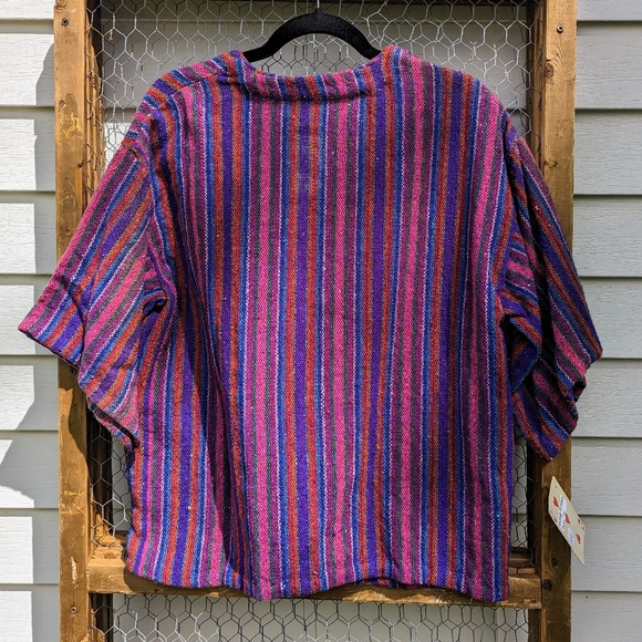 Vintage 1970s Purple Stripe Woven Boho Top Shirt M Retro Pink Bohemian VTG - Picture 4 of 4